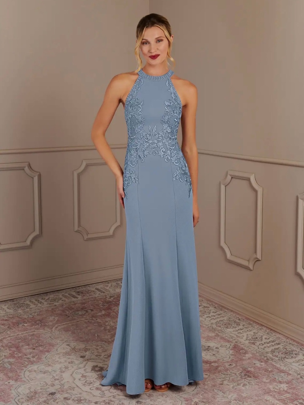 Azazie Dusty Blue Halter Lace-Embellished Maxi Dress- NWT